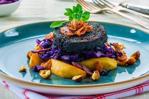 Warm Black Pudding Salad with Red Cabbage, Bacon & Apple